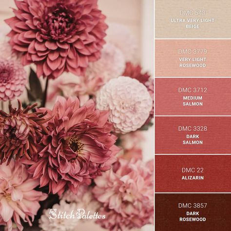 Pink In Full Bloom - Embroidery Color Palette (With Thread Codes) Stitch Palettes, Colour Pallets, Pantone Colour Palettes, Hex Color Palette, Color Schemes Colour Palettes, Dmc Embroidery, Pink Palette, Embroidery Stitch, Color Guide