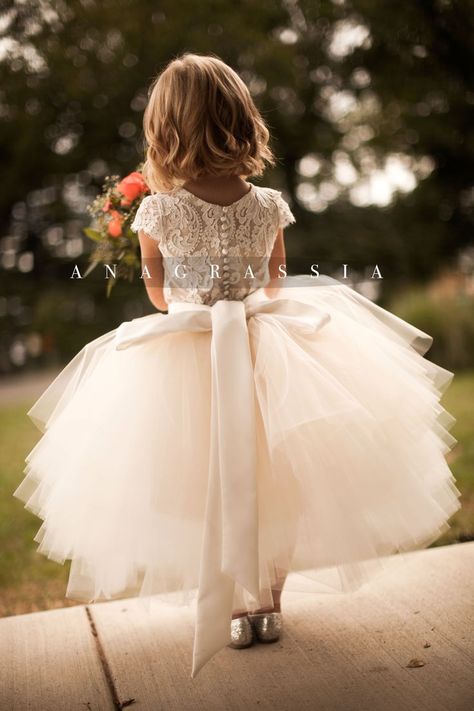 ANAGRASSIA flower girl dresses: ivory/champagne lace leotard & bodysuit with champagne/ivory/white tulle skirt and satin sash http://www.anagrassia.com Rok Tile, Champagne Flower Girl, Girls Tulle Skirt, Lace Leotard, White Tulle Skirt, Girls Communion Dresses, Palm House, Princess Flower, Tulle Flowers