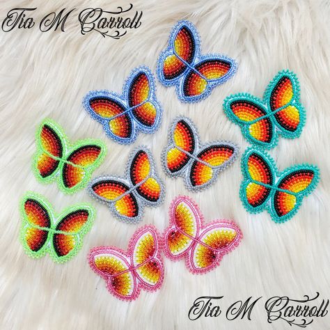 I have 5 pairs of butterfly earrings available 🦋 all all fingernail posts and backed with faux white leather, all are $25 each +$5 for… | Instagram Butterfly Beaded Earrings, Beaded Butterfly Earrings, Native American Beadwork Earrings, Native Designs, Jingle Dress, Beadwork Ideas, Loom Designs, Beaded Items, Native Beading