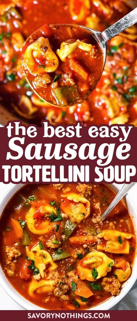 This Sausage Tortellini Soup is one of the most comforting meals to make on a cold winter day – and one the whole family will love. It’s quick and easy to whip up, but so full of flavor! | #soup #tortellini #cozyfood Warm Snacks For Cold Days, Soup Swap, Italian Sausage Tortellini Soup, Comforting Meals, Sausage Tortellini Soup, Hearty Soup Recipes, Sausage Tortellini, Italian Sausage Soup, Tortellini Recipes