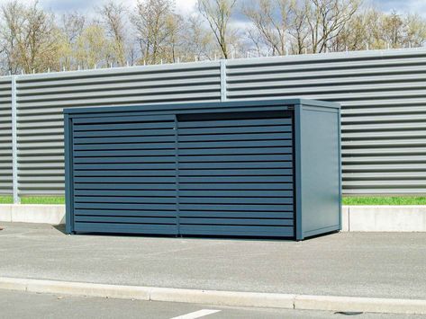 A photo of a closed and open StyleOUT® STORE Bicycle storage solution by DUKIN Stroller Storage Ideas, Outdoor Storage Units, Stroller Storage, Storage Outdoor, Bicycle Storage, Home Owners, Bike Storage, Storage Design, Shed Storage