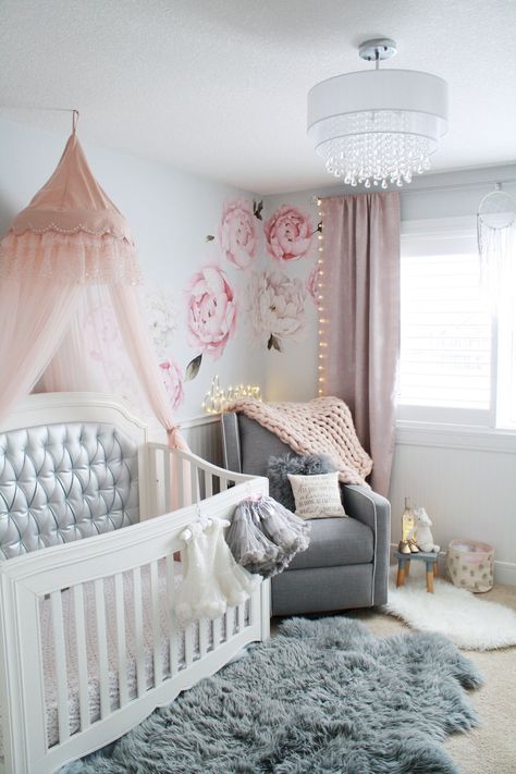 Baby girl pink and gray nursery with chandelier, tufted crib, pink crib canopy and peony wall decals Tufted Crib, Nursery Inspiration Girl, Pink And Gray Nursery, Girl Nursery Pink, Nursery Decor Inspiration, Gray Nursery, Pink Crib, Crib Canopy