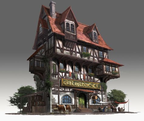 Medieval Pub House, Jongmin Ahn on ArtStation at https://www.artstation.com/artwork/wq1GZ Concept Art House, Kakariko Village, Construction Minecraft, Fantasy Buildings, 3d Karakter, Medieval House, Medieval Artwork, Fantasy Town, Medieval Houses