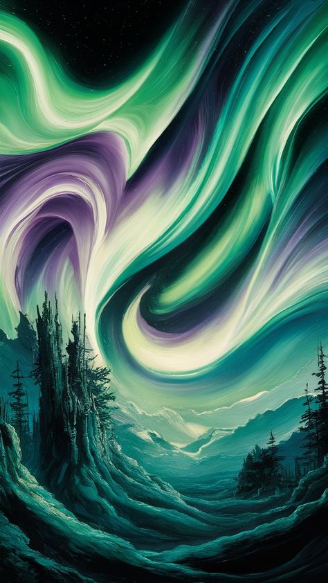 Immerse yourself in the breathtaking beauty of a night sky alive with vibrant swirls of greens, purples, and blues. This impressionistic masterpiece captures luminous waves casting a serene glow over a tranquil forest. Ancient trees reach upward, framing the radiant sky in this magical nocturnal wonderland. Experience wonder and tranquility with this stunning northern lights wallpaper. #NorthernLights #Wallpaper #Impressionism #CosmicDance Nocturnal Wonderland, Northern Lights Wallpaper, Lights Wallpaper, Cosmic Dance, Ancient Trees, Ancient Tree, Breathtaking Beauty, Abstract Art Painting, Impressionism