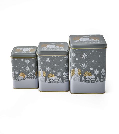 Christmas Grey Winter House Canisters by Place & Time | JOANN Cozy Winter House, Christmas Kitchen Decor, Gray Winter, Grey Color Scheme, Snowflake Decorations, Indoor Christmas Decorations, Christmas Kitchen, Joanns Fabric And Crafts, Winter House