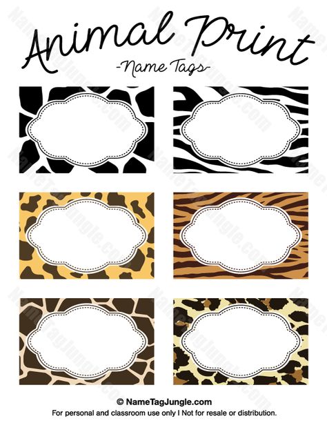 Free printable animal print name tags. The template can also be used for creating items like labels and place cards. Download the PDF at http://nametagjungle.com/name-tag/animal-print/ Jungle Theme Labels Free Printable, Jungle Themed Name Tags, Free Jungle Animal Printables, Animal Name Tags Free Printable, Free Safari Printables, Jungle Theme Classroom Preschool Free Printable, Safari Banner Printable Free, Free Jungle Theme Printables, Free Safari Animal Printables