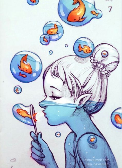 Blowing Bubbles, A Drawing, Bubbles, Fish, Tumblr, Art