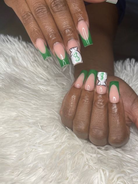 Green nails, french tips, nail art Green French Tips With Design, Money French Tip Nails, White French Tips With Green Design, Money Bag Nails Designs, Green Money Nails, Green Frenchies Nails, Money Green Nails Designs, Money Bag Nails, Nails With Money Signs