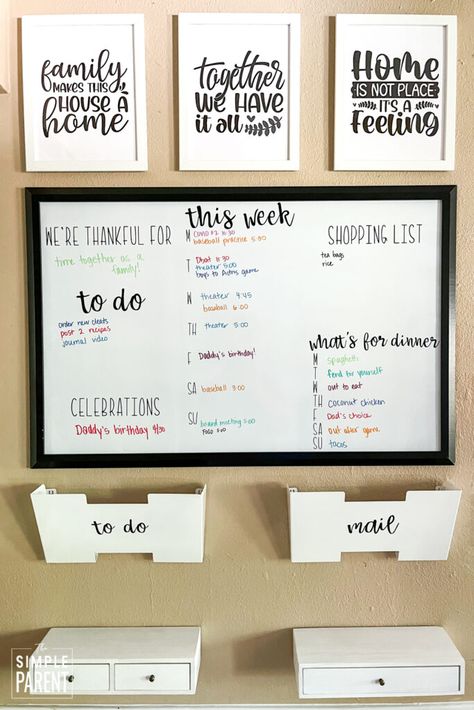 Whiteboard Decoration Ideas, Command Centre Ideas, Backpack Area, Family Organization Board, Diy Family Command Center, Family Importance, Erase Board Ideas, Dry Erase Board Ideas, Family Command Center Wall