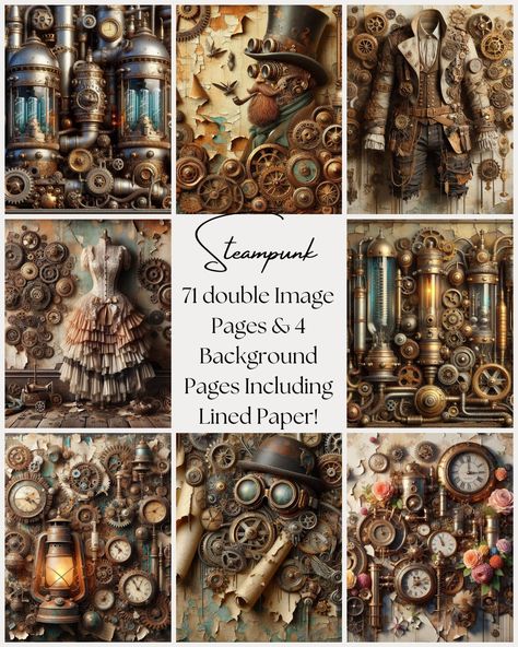 These printable junk journal pages turned out beautiful! Steampunk comes with 71 double pages with 142 unique images! Also includes 4 background pages including lined pages! No need to combine other kits to make a full journal!   If you have any questions please feel free to contact me! Steampunk Collage, Steampunk Art Journal, Steampunk Printables Free Steam Punk, Steampunk Junk Journal Ideas, 3d Canvas Art, Steampunk Kunst, Steampunk Journal Cover, Steampunk Mixed Media Art, Steampunk Junk Journal Pages