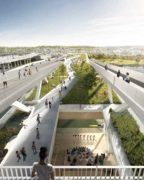 OMA reveals updated design for Washington DC garden bridge Oma Architecture, Rem Koolhaas, Mix Use Building, Waterfall Features, Landscape And Urbanism, Bridge Building, Pedestrian Bridge, Bridge Design, Design Competitions