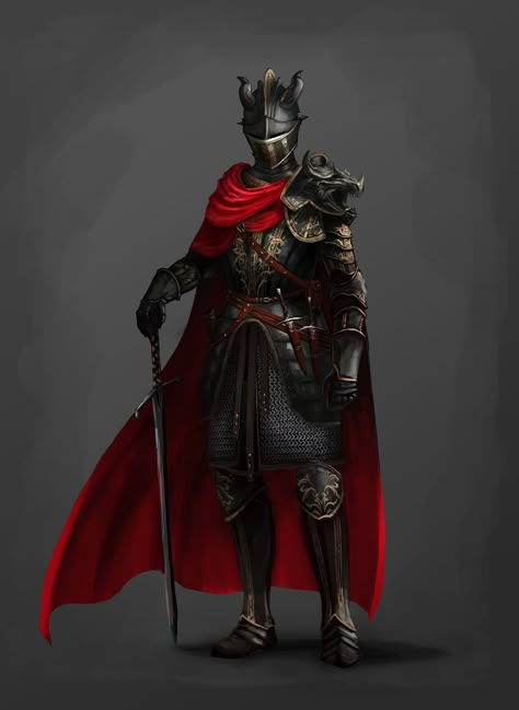 Concept: Knight in black armor, Ricardo Herrera on ArtStation at https://www.artstation.com/artwork/JlnOqA Late Medieval Armor, Black Knight Fantasy Art, Black Knight Art, Guerriero Samurai, Dragon Armor, Black Armor, Red Knight, Gra O Tron, Dragon Knight