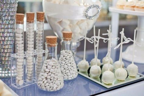 How to Throw a Chic “All White” Party - Brit + Co White Party Dessert Table, White Anniversary Party, White Dessert Bar, All White Party Theme, All White Birthday Party, All White Party Ideas, Chemistry Party, White Out Party, White Theme Party