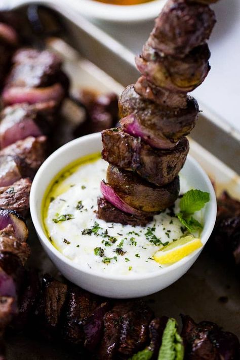 Steak and Mushroom Kabobs with Mint Yogurt Dip Moose Gifts, Lamb Steak Recipes, Marinated Steak Recipes, Marinated Steak Kabobs, Mushroom Kabobs, Steak Kebabs, Beef Entrees, Backyard Grill, Grilling Kabobs