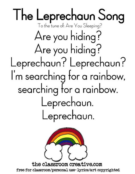 St. Patrick's Day song for preschool or kindergarten with free printable-002.pdf - Google Drive St Patricks Day Songs, Leprechaun Song, Sant Patrick, March Preschool, March Lessons, Circle Time Songs, March Themes, St Patricks Day Crafts, Classroom Songs