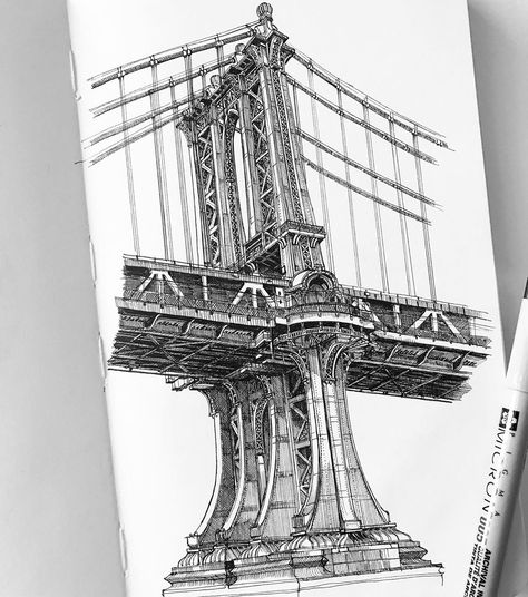 MISTER VI on Instagram: “The Manhattan Bridge, circa 1912. Still one of my favorite bridges in the city. Here it is from start to finish.  Also the first one who…” Bridge Drawing, Fruit Art Drawings, Architecture Drawing Sketchbooks, New York Architecture, Architecture Sketchbook, Art Basics, Manhattan Bridge, Sketchbook Art Journal, Detailed Drawings