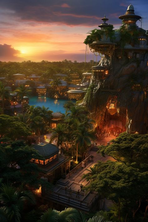 Jungle City Fantasy Art, Island City Concept Art, Tropical Kingdom, Jungle Kingdom, Island Kingdom, Jungle City, Earth's Spheres, Sunset Valley, Star Wars Planets