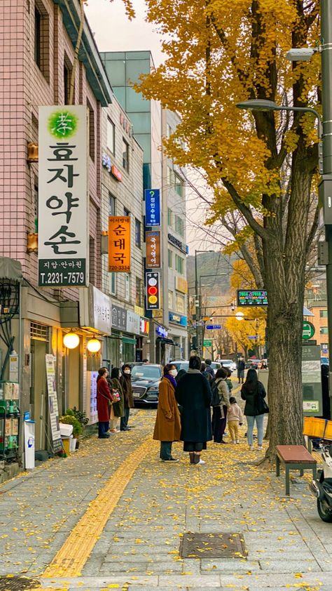 Living In Korea Aesthetic, Korea Core Aesthetic, Korea Asethic, Korea Vibes Aesthetic, Seoul Wallpaper, Autumn Foods, Korean Vibes, Korea Autumn, Korea Street