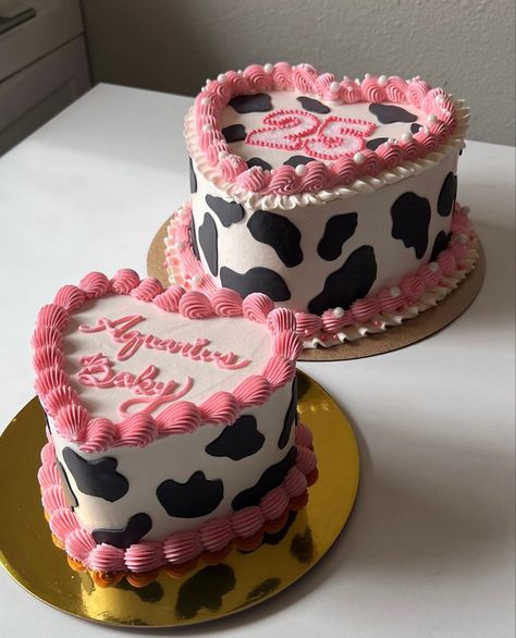 Birthday cake with cow print icing and pink piping with Aquarius Baby and 25 written on it Cow Print Bday Cake, Western Pink Cake, Western 20th Birthday Cake, Cow Print 21st Birthday Cake, Cow Heart Cake, Pink Cowgirl Cake Ideas, Cow Print Heart Cake, Cow Bday Cake, Cow Cake Buttercream