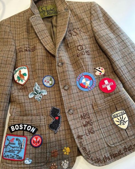 Cara Brown on Instagram: "For the beautiful @suesartor to wear with her gorgeous dresses (of which I am a big fan!). Let us create your story … LifeJacket ®️ DM for details" Patches On Blazer, Blazer With Patches, Clothing With Patches, Patch Jacket Outfit, Diy Patch Jacket, Big Jackets, Patches Ideas, Big Jacket, Jean Jacket Diy