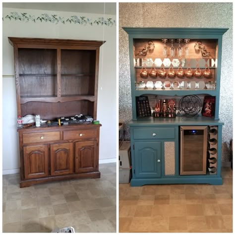 Rather than throw out an old china cabinet, repurpose it as an entertainment bar for hosting dinner parties. What To Do With An Old China Cabinet, Buffet Into Bar Repurposed, China Cabinet Alcohol Bar, Refurbished China Cabinet Coffee Bar, Repurpose Old China Cabinet, China Cabinet Uses, Peacock Furniture Paint, China Cabinet To Bar Makeover, Refinished Coffee Bar