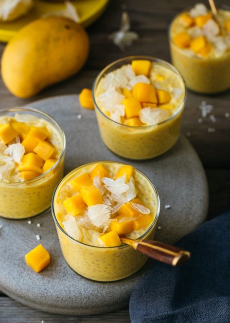 Creamy mango tapioca pudding topped with fresh mangos and pomelo is an easy dessert that is both luscious and refreshing. It's dairy free, gluten free and plant based too! . . #tapioca #pudding #mango #pomelo #hongkongdessert #chinesedessert #asianfood #foodphotography #yellow #foodstyling #saltnpepperhere #dairyfree #glutenfree #plantbased #dessert #summer Mango Tapioca Pudding, Mango Tapioca, Coconut Tapioca Pudding, Sago Pudding, Sago Recipes, Mango Sago, Tapioca Pudding, Mango Pudding, Mango Dessert