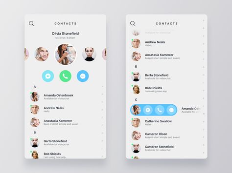 Fresh concept for new messenger app. Showing recent users you chat with, called or had a video call with. The work in progress. Android Design, Mobile App Design Inspiration, Ux Design Inspiration, Contact Page, Mobile Ui Design, Ios Design, App Design Inspiration, Mobile App Ui, Ui Design Inspiration