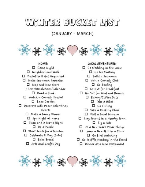 "Fun Bucket List Activity to do this Winter! Live each season to the fullest with this fun checklist poster for kids and adults. You will receive: One 8.5\" x 11\" PDF  DIGITAL FILE - INSTANT DOWNLOAD  This listing is for printable, digital PDF files only. This is not an editable document. No printed material will be shipped to you. * Downloaded products are non-refundable THESE FILES ARE FOR PERSONAL USE ONLY. You may not sell or share the files or any graphics they contain. No commercial use allowed." Seasonal Bucket List, Fun Checklist, Bucket List Activity, Winter Checklist, Bucket List Printable, Cute Christmas Ideas, Christmas Things To Do, Christmas Bucket List, Christmas Bucket