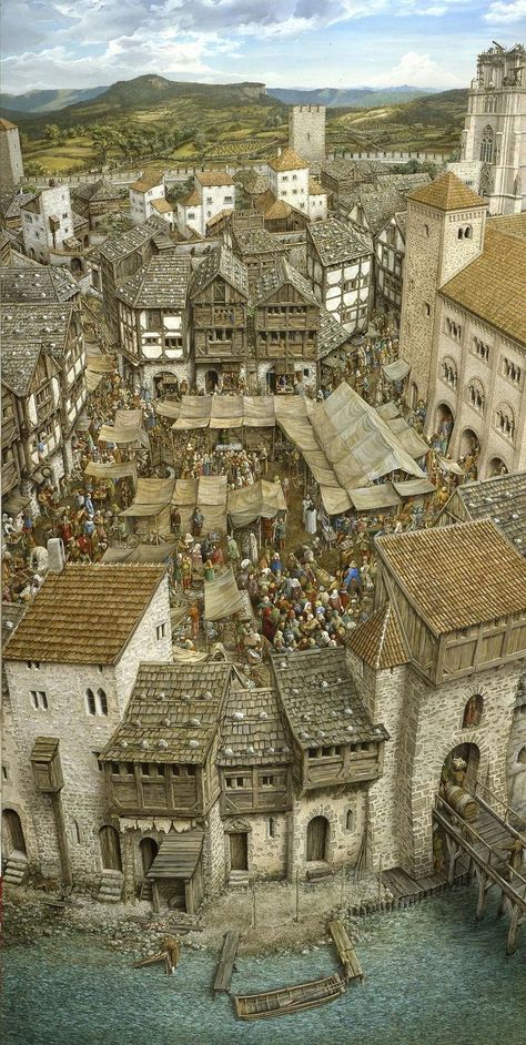 Medieval Germany, Fantasy Town, Perspective Drawing Architecture, Medieval City, Medieval Life, Medieval Houses, Fantasy City, Fantasy Places, Fantasy Map