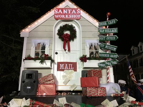 Santa's workshop float for Christmas parade #Christmas #parade Santa’s Workshop Float Ideas, Santa Workshop Parade Float, Santas Workshop Float Ideas, Real Estate Parade Float Ideas, Santa’s Workshop Parade Float, Home Made Crafts, Christmas Floats, Christmas Exterior, Xmas Display