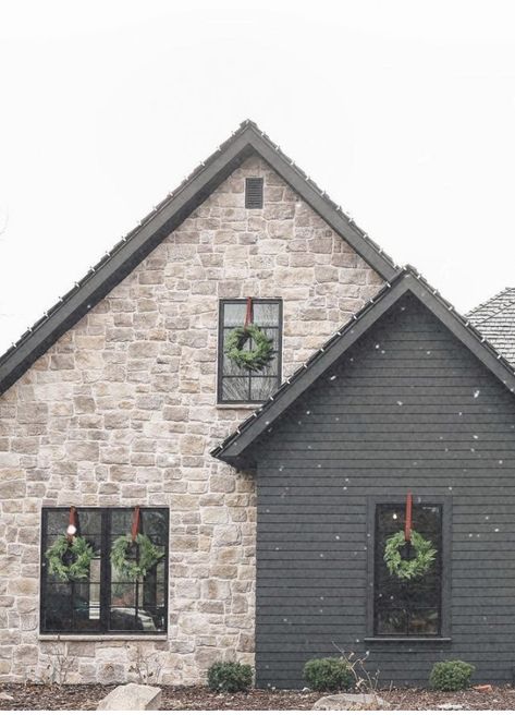 Moody Brick Exterior, Dark Exterior Brick House, Black And Stone Exterior House, Black House With Stone Accents, Black Accent Exterior House, Dark Exterior With Light Stone, Graphite Siding Exterior, Black House With White Stone, Black Stone House Exterior