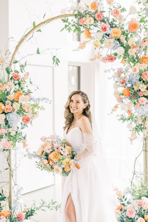 Peach and blue wedding flowers | Fancy Florals by Nancy Blue Peach And Gold Wedding, Peach And Blue Interior, Blue Peach Wedding Theme, Blue And Peach Wedding Decor, Periwinkle And Orange Wedding, Peach Blue And Green Wedding, Periwinkle And Peach Wedding, Pink Orange Blue Wedding, Pastel Wedding Arch