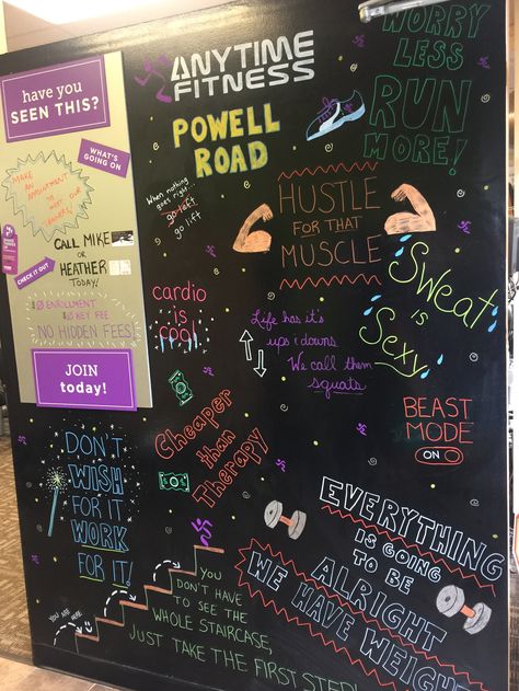 Gym Whiteboard Ideas, Fitness Chalkboard Ideas, Workout Chalkboard Ideas, Gym Chalkboard Ideas, Chalkboard Writing Ideas, Gym Chalkboard, Chalk Wall Ideas, Calendar Chalkboard, Anytime Fitness Gym