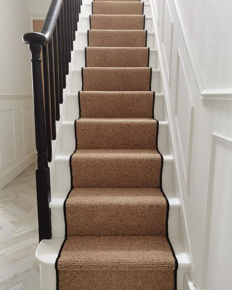 Finnerz Home on Instagram: “Another picture of the stairs because we’re so happy with how they have turned out ☺️ We went for 100% wool loop pile carpet with black…” Hallway Panelling, Wool Stair Runner, Loop Pile Carpet, Upside Down House, Board And Batten Siding, Photos Of People, Attic Renovation, Victorian Cottage, Neutral Design