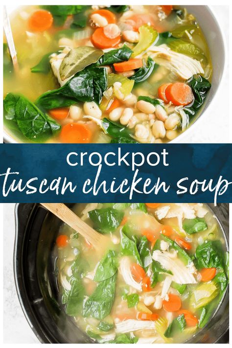 Crockpot Tuscan Chicken, Tuscan Chicken Soup, Crockpot Chicken Soup, Chicken Soup Recipes Crockpot, Chicken Soup Crockpot, Summer Crockpot, Summer Crockpot Recipes, Tuscan Soup, Slow Cooker Dinner Recipes