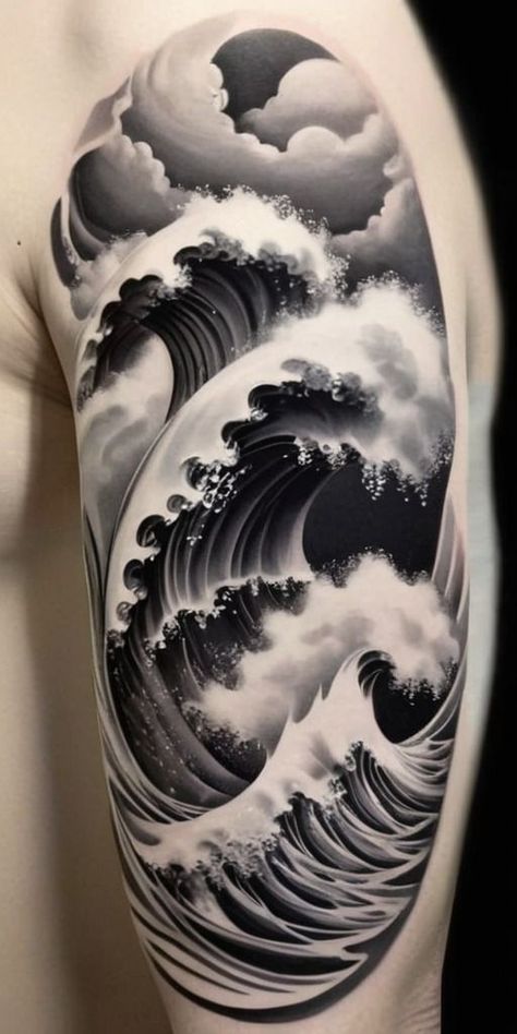 Waves Tattoo Design, Wave Tattoo Sleeve, Japanese Water Tattoo, Waves Sketch, Ocean Wave Tattoo, Japanese Wave Tattoos, Underwater Tattoo, Japanese Hand Tattoos, Cloud Tattoo Design