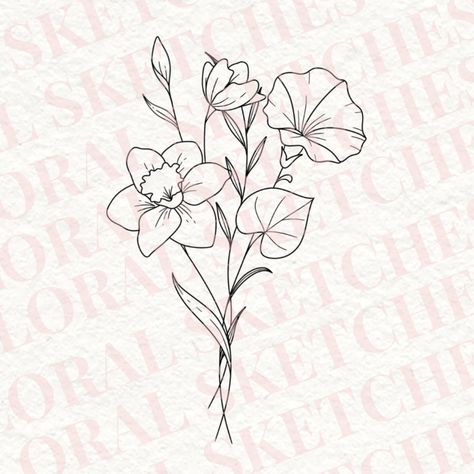 Custom birth flower drawing - 2 stems (see other listings for more/less stems) Perfect to take to your tattoo artist, use for prints or gift to family members. List of birth flowers: January: Carnation/Snowdrop February: Iris/Violet March: Daffodil April: Daisy May: Lily of the Valley/Hawthorn June: Rose July: Waterlily August: Poppy September: Morning Glory October: Cosmos November: Chrysanthemum December: Narcissus/Holly *For specific flowers, please include in the personalisation. If no speci Morning Glory Simple Drawing, March And February Birth Flower Tattoo, Narcissus Flower Drawing, Daffodil And Lily Of The Valley Tattoo, December Flower Tattoo, Morning Glory Tattoo, Carnation Flower Tattoo, December Flower, Carnation Tattoo