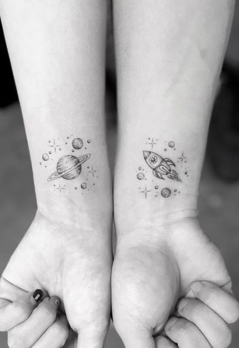 Space Tattoo Forearm, Simplistic Tattoo, Tattoo Sister, Tattoo Dainty, Pair Tattoos, Friendship Tattoo, Tattoo Meaningful, Dainty Tattoo, Rocket Tattoo