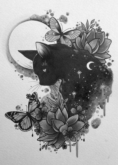 Cute Black Cat Tattoo, Rib Tattoo Cover Up Ideas, Black Cat Tattoo Designs, Witchy Cat Tattoo, Black Cat Tattoo Ideas, Tattoo Coverup Ideas, Coverup Tattoo Ideas, Black Cat Tattoo, Black Cat Tattoos