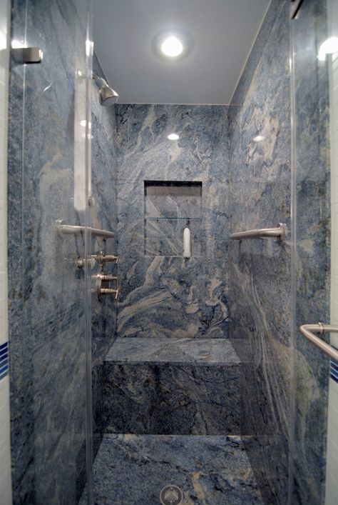 Bathroom Remodelling Photo Gallery by GraniTech Inc. Blue Bahia Granite, Granite Shower, Blue Granite Countertops, Tub To Shower Remodel, Shower Remodel Diy, Small Shower Remodel, Granite Bathroom, Fiberglass Shower, Latest Bathroom