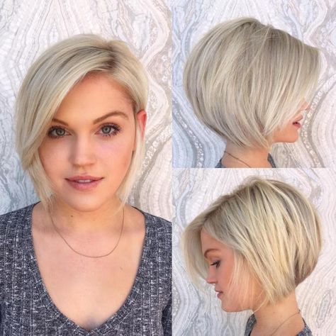 Short Stacked Bob with Side Bangs Layered Haircut For Short Hair, Diy Layered Haircut, Medium Stacked Haircuts, Haircut For Short Hair, Bob Haircut Back View, Short Stacked Haircuts, Short Stacked Bobs, Stacked Haircuts, Stacked Bob