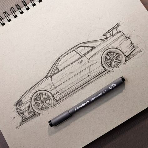 Drawing Of Skyline R34, Gtr Skyline Sketch, Car Drawing Nissan Gtr, Art Sketches For Room Decor, Nissan Gtr Drawing Pencil, Gtr Sketch Drawing, Car Sketches Pencil, Nissan Gtr Painting, Nissan Skyline R34 Sketch