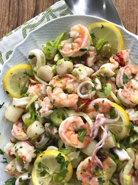 Italian Seafood Salad - Proud Italian Cook Italian Seafood Salad Recipe, Italian Seafood Salad, Seafood Menu Ideas, Feast Of 7 Fishes, Italian Seafood Pasta, Seafood Salad Recipe, Feast Of Seven Fishes, Sea Food Salad, Feast Of The Seven Fishes