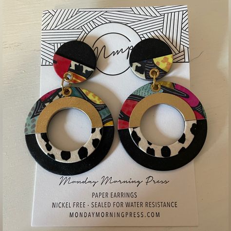 Local Jewelry Artist In Virginia Makes High Quality Paper Earrings That Are Sealed To Last And Waterproof. Huge Statement Earrings That Are Lightweight And Fun To Wear! Primarily Black And Gold Geometric Post Earrings With Fun Patterns Incorporated Like Animal Print And Abstract Red, Pink, Blue, And Yellow. Brand New, Never Worn. Big Bold Earrings, Watercolor Earrings, Africa Earrings, Dope Jewelry Accessories, Abstract Earrings, Polymer Earrings, Jewelry Artist, Paper Earrings, Fabric Earrings