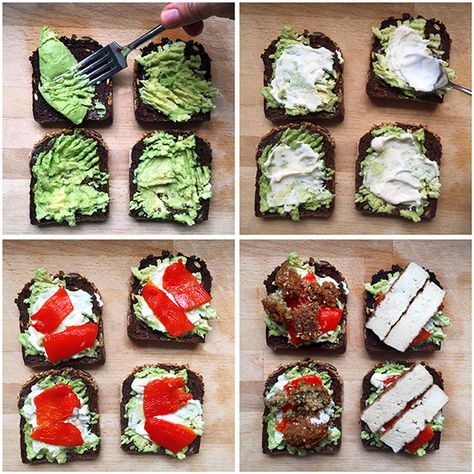 I have made these open sandwiches with pumpernickel bread, which is a slightly sweet rye bread. The base of Avocado is topped with a light layer of mayonnaise and then sweet, roasted red pepper slices and topped with either crumbled falafel or slices of firm marinated tofu. You could substituted for smokey firm tofu if you prefer, both give the sandwich a real flavour hit. Mix and match your ingredients ... Falafel Serving Ideas, Baked Falafel Sandwich, Falafel From Canned Chickpeas, Falafel With Canned Chickpeas, Falafel Recipe Cava, Open Face, Marinated Tofu, Rye Bread, Roasted Red Peppers