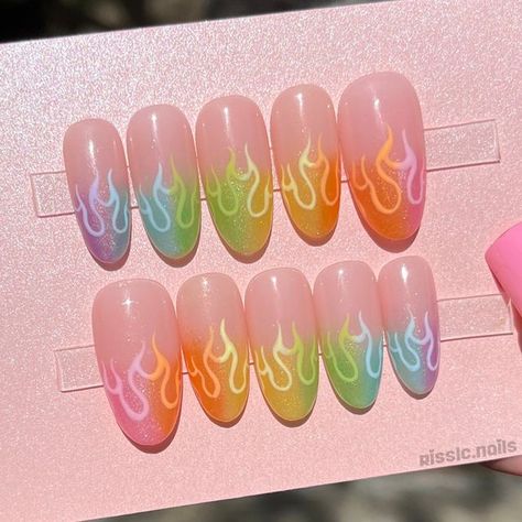 Rainbow Press On Nails, Rainbow Flame Nails, Ombre Glitter Nails, Gel Ombre, Blue Prom Nails, Flame Nails, Custom Press On Nails, Ombre Glitter, Nail Prep