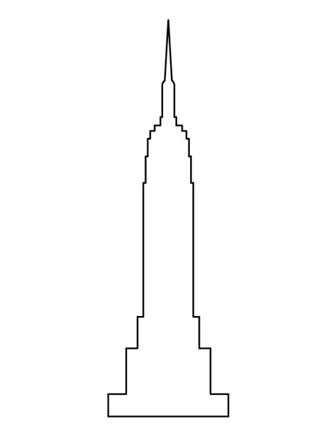 Empire State building pattern. Use the printable outline for crafts, creating stencils, scrapbooking, and more. Free PDF template to download and print at http://patternuniverse.com/download/empire-state-building-pattern/ Empire State Building Outline, Empire State Building Drawing, Building Tattoo, Building Template, New York Drawing, Printable Outline, Building Pattern, Building Outline, New York City Art