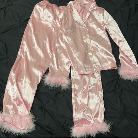 Silk Like, Fur Pajamas, Never Worn Before! Silk Pajamas With Fur, Custom Pajamas Birthday Parties, Pink Silk Pajamas Aesthetic, Bimbocore Pajamas, Pajama Bday Party, 2000s Pajamas, 21st Outfits, Fur Pajamas, Silk Pijamas