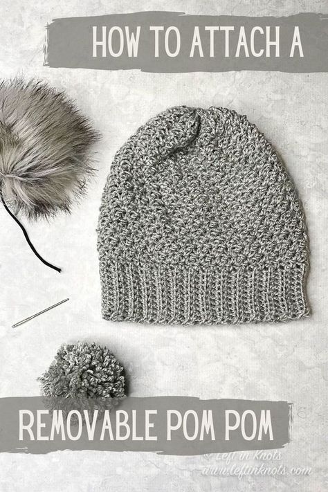 A removable pom pom on your crochet project means that you will be able to wash your hat without ruining the pom pom. This techniques works for both yarn and faux fur pom poms. Keep reading for the easy tutorial and video. Removable Pom Pom Hat, Beanie Pattern Free, Crochet Beanie Pattern Free, Lion Brand Wool Ease, Crochet Hat Free, Yarn Pom Pom, Crochet Beanie Hat, Crochet Beanie Pattern, Crochet Hats Free Pattern