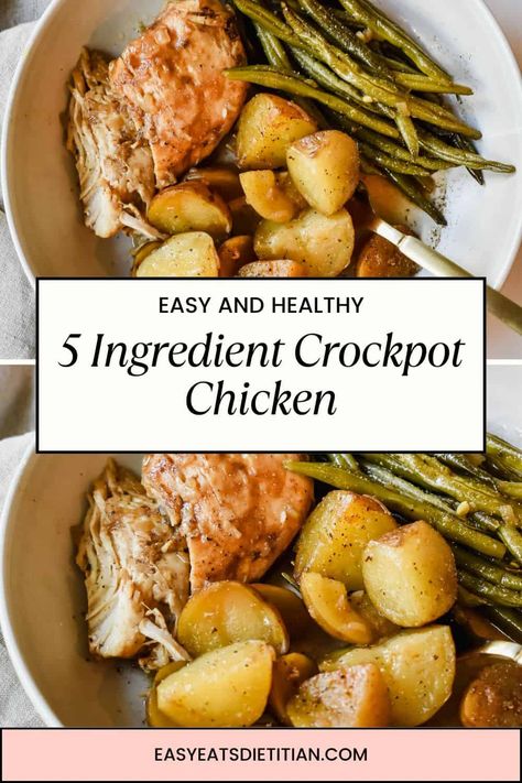 This viral Tiktok 5 ingredient crockpot chicken, potatoes and green beans is absolutely delicious and so easy to throw together on a busy weeknight! The chicken and veggies are thrown together in a crockpot with melted butter and Lipton onion soup and dip mix and set to cook on high for 4 hours! #tiktokdinner #tiktokrecipe #viralrecipe #slowcookerrecipes #slowcooker #crockpot #crockpotrecipes Crockpot Meals With Green Beans, Italian Chicken Crockpot Potatoes, Easy Crock Pot Chicken And Potatoes, Chicken And Potato Crock Pot Recipes, Chicken Veggie Crockpot, 4 Hour Chicken Crock Pot Meals, Crockpot Chicken Beans And Potatoes, Crock Pot Chicken And Green Beans, Slow Cooker Chicken With Potatoes